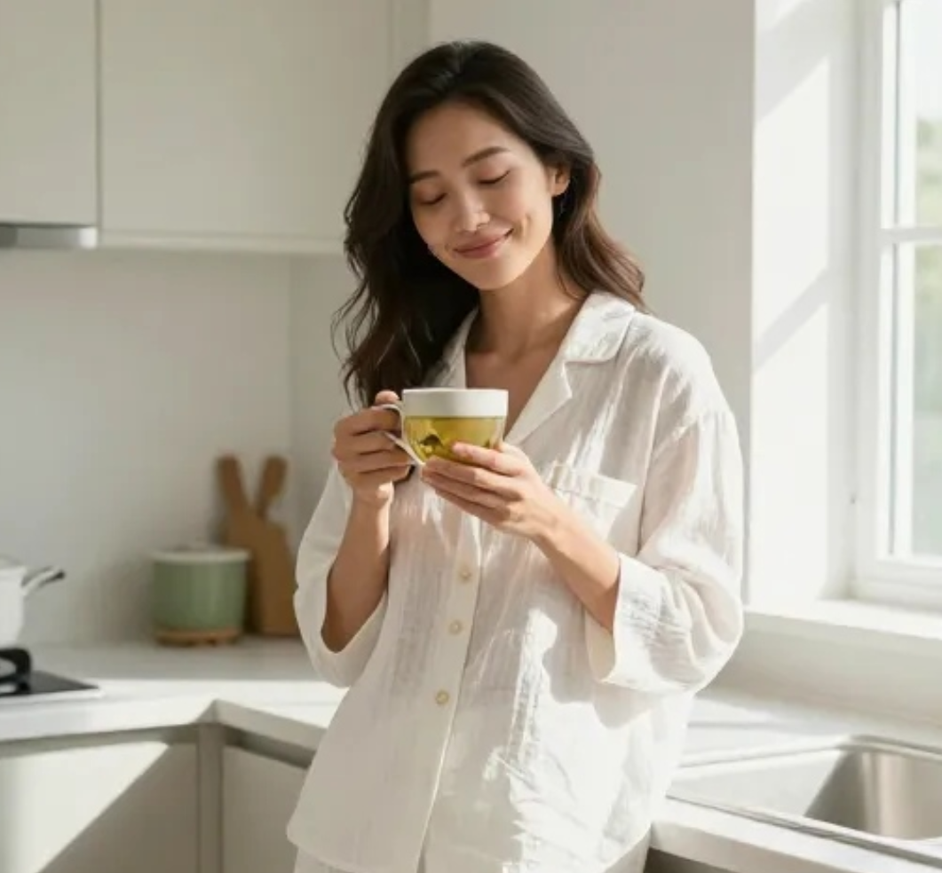 Mulher desinchada tomando chá