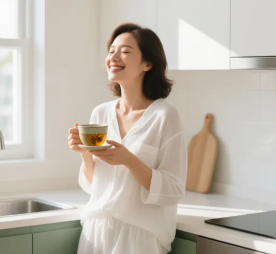 Mulher desinflamada e feliz tomando chá